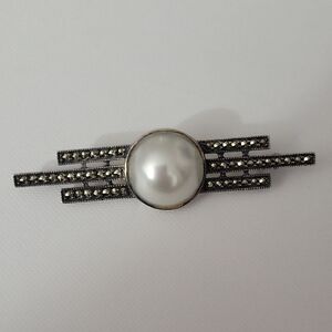 Judith Jack Sterling Silver Faux Pearl Deco Style Brooch